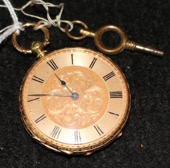 Ladies 18ct gold engraved open face key-wind fob watch